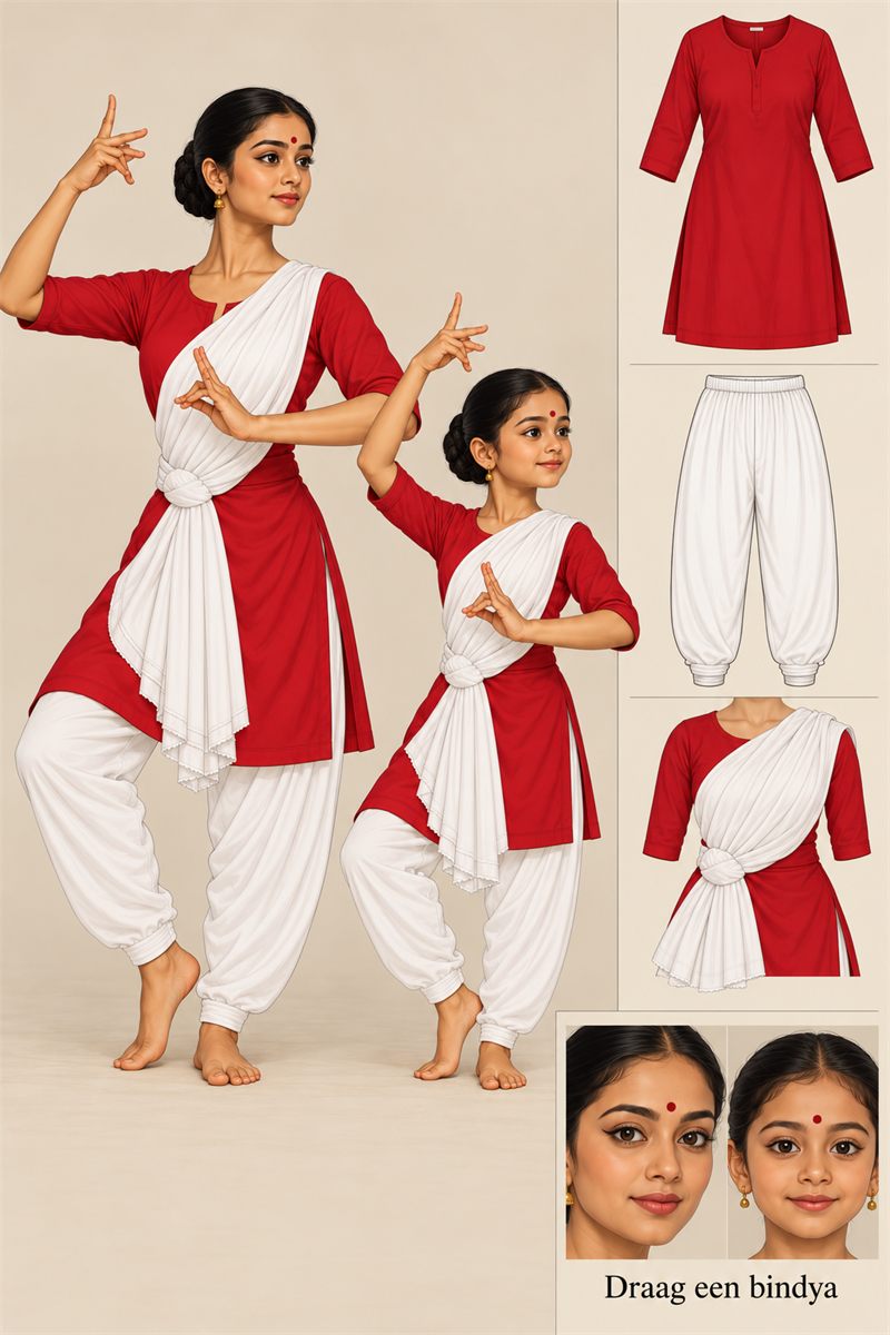 Dresscode voor de les: een volwassene en een kind in rode top, witte pyjamabroek en witte sjaal, met een rode bindi