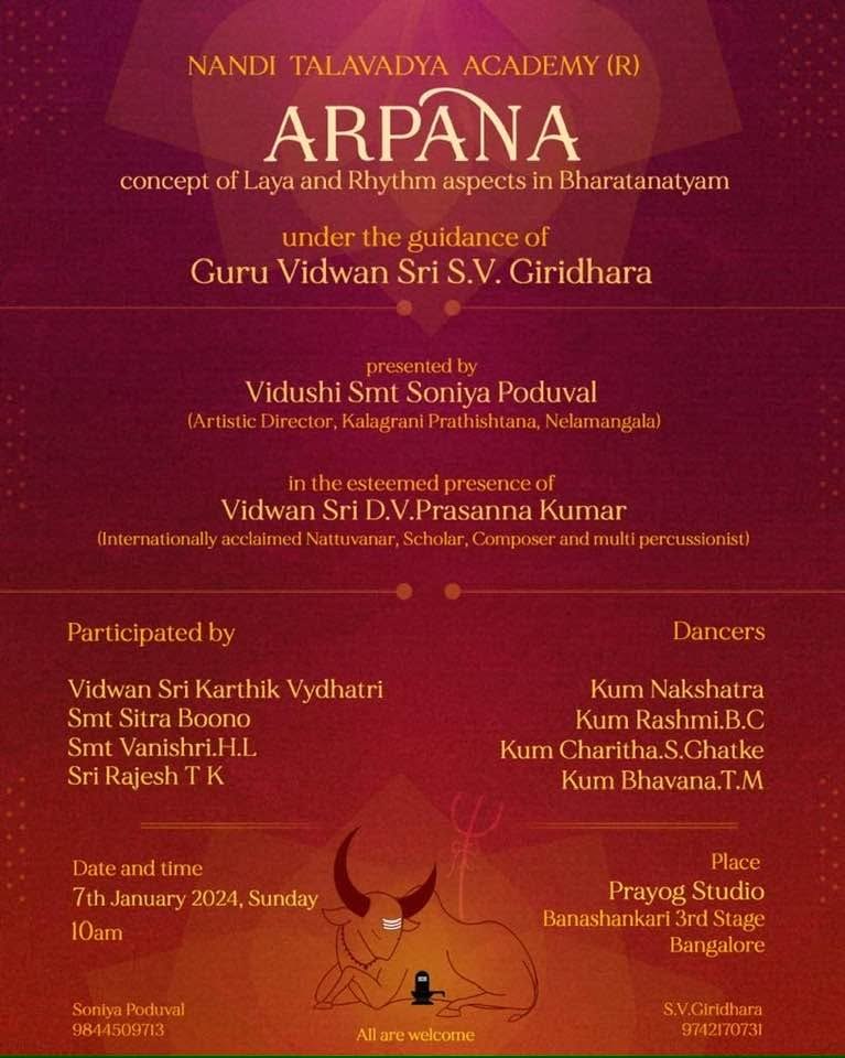Affiche van Arpana, Laya en ritme in Bharatanatyam, onder leiding van Guru Vidwan Sri S.V. Giridhara, Prayog Studio Bangalore, 7 januari 2024