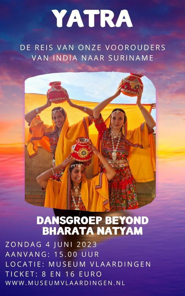 Affiche van Yatra, de reis van onze voorouders van India naar Suriname, door Dansgroep Beyond Bharata Natyam in Museum Vlaardingen